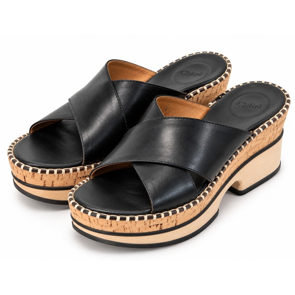 Chloe Black Leather Platform Sandals Womens 39 Cork Wood Heel Italy Slides